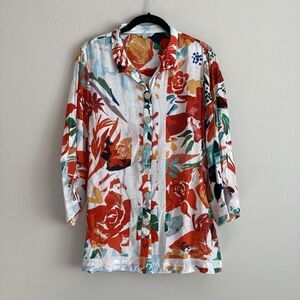 John Mark Womens Floral Button Down Tunic Top Size Medium Maximalist Colorful